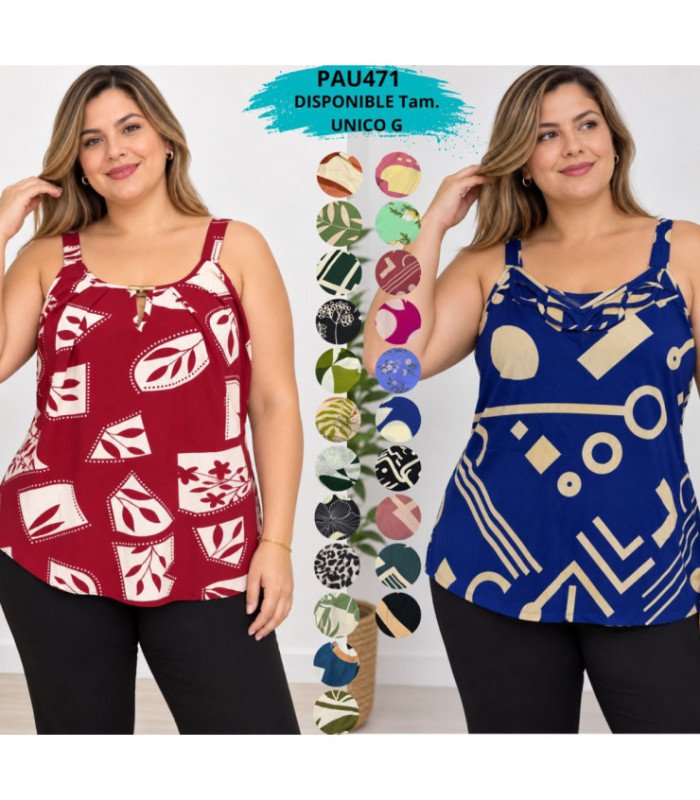 BLUSA SRA. SIN MANGA ESTAMPADA,TIRAS REGULABLE.