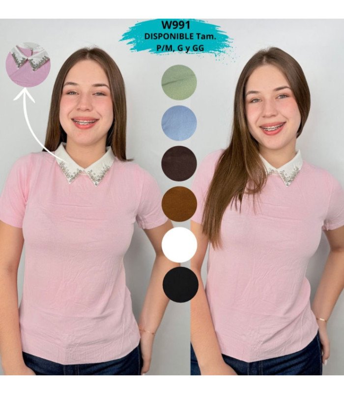 BLUSA DE HILO CON CUELLO Y BRILLO M/C.
